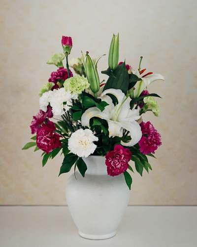 flower arrangement white and purple petaled flower arrangement on white vase flower bouquet